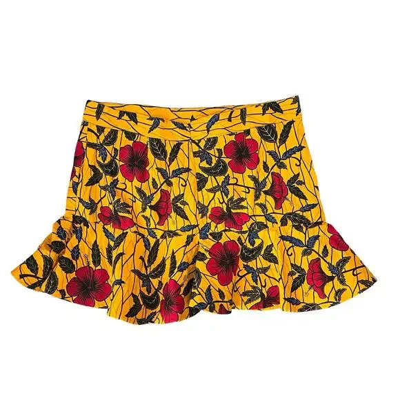 Grassfields GF Yellow Black Red Floral African Mini Ruffle Skirt Plus Size 24 - Picture 3 of 6